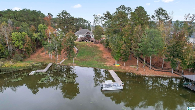 drone / aerial view with a water view