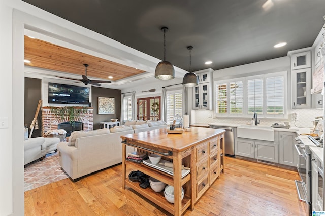 kitchen with tasteful backsplash, light wood-type flooring, a fireplace, pendant lighting, and stainless steel appliances