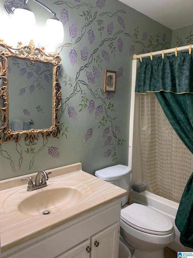 full bathroom with vanity, toilet, and shower / bath combo with shower curtain