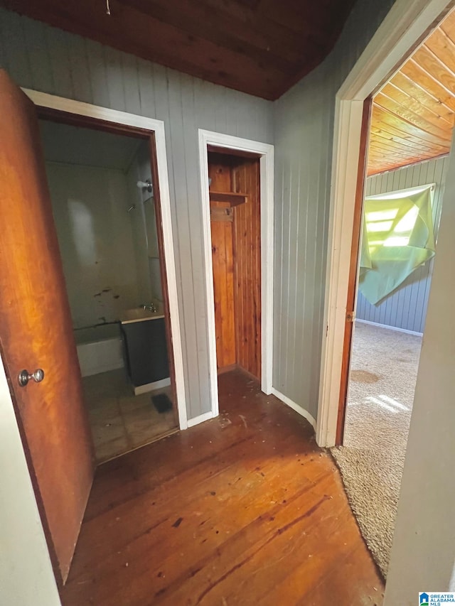 hallway featuring wood ceiling, wooden walls, and dark wood-type flooring