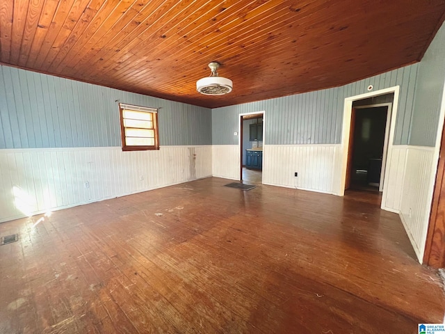 spare room with wood ceiling, wooden walls, and dark wood-type flooring