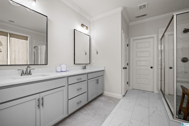 bathroom featuring vanity, crown molding, and walk in shower