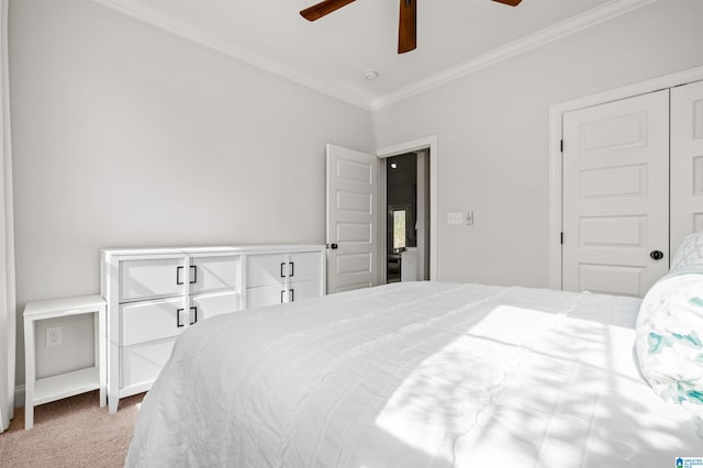 carpeted bedroom with a closet, ornamental molding, and ceiling fan