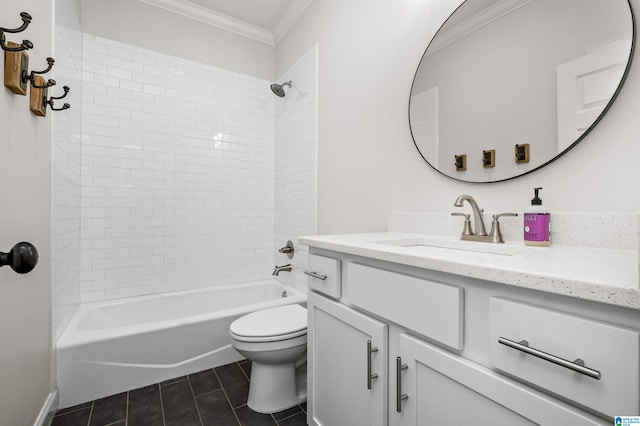 full bathroom with toilet, vanity, crown molding, tiled shower / bath combo, and tile patterned flooring