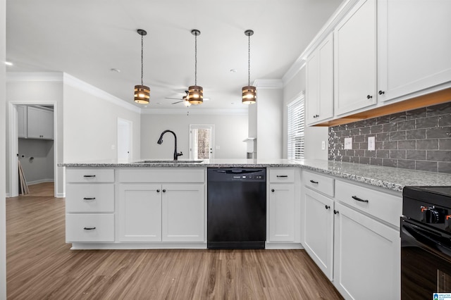 kitchen featuring white cabinetry, light hardwood / wood-style flooring, ceiling fan, and black appliances