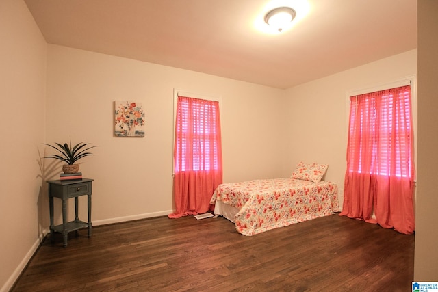 bedroom featuring multiple windows and dark hardwood / wood-style flooring