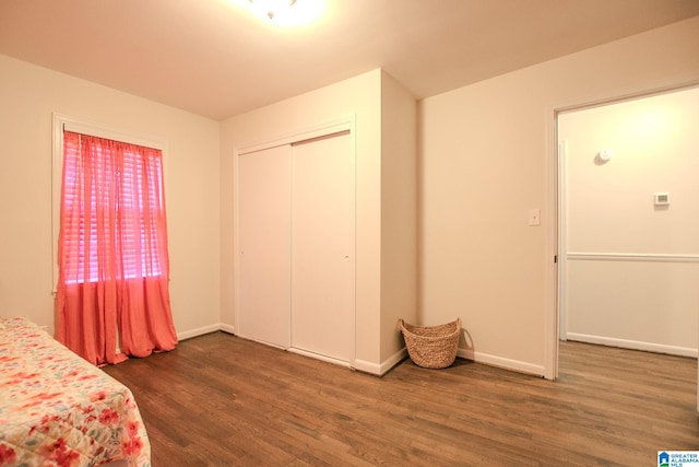 bedroom featuring dark wood-type flooring and a closet