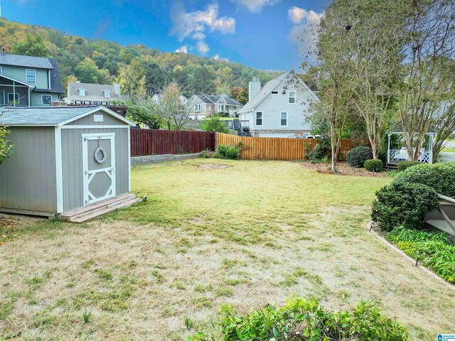 view of yard featuring a storage shed