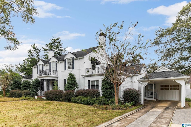 view of front of property featuring a front lawn, a carport, and a balcony
