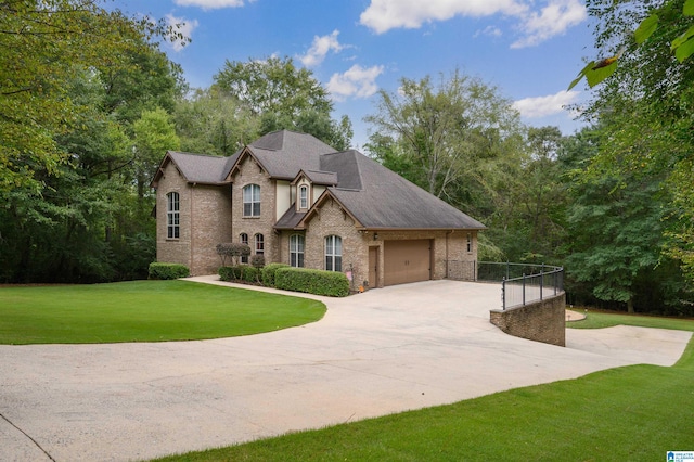 view of front of property featuring a front lawn and a garage