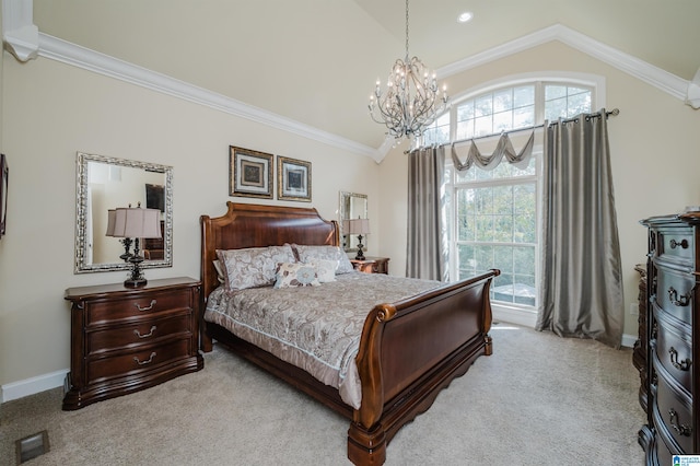 bedroom featuring light carpet, lofted ceiling, and ornamental molding