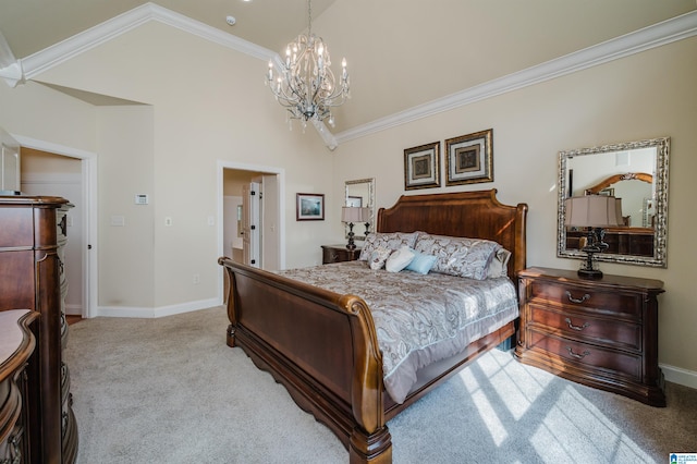 carpeted bedroom with high vaulted ceiling, crown molding, and an inviting chandelier