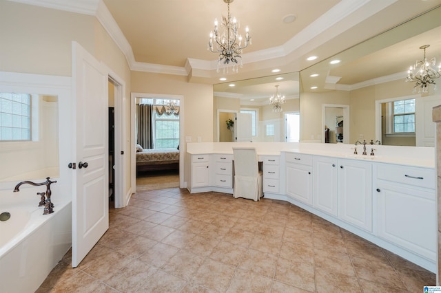 bathroom featuring a tub, vanity, crown molding, and a notable chandelier