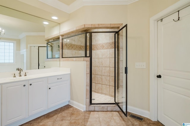 bathroom with walk in shower, vanity, a notable chandelier, and ornamental molding