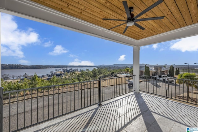 balcony featuring ceiling fan and a water view