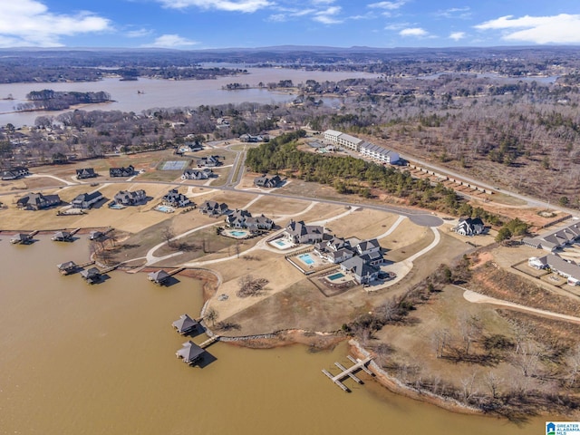 aerial view featuring a water view