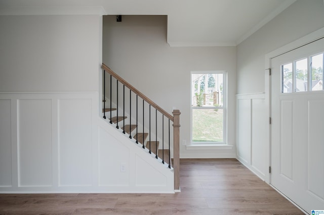 194 Barimore Blvd, Helena, AL 35080 - entryway with a decorative wall, ornamental molding, light wood-type flooring, a wainscoted wall, and stairway