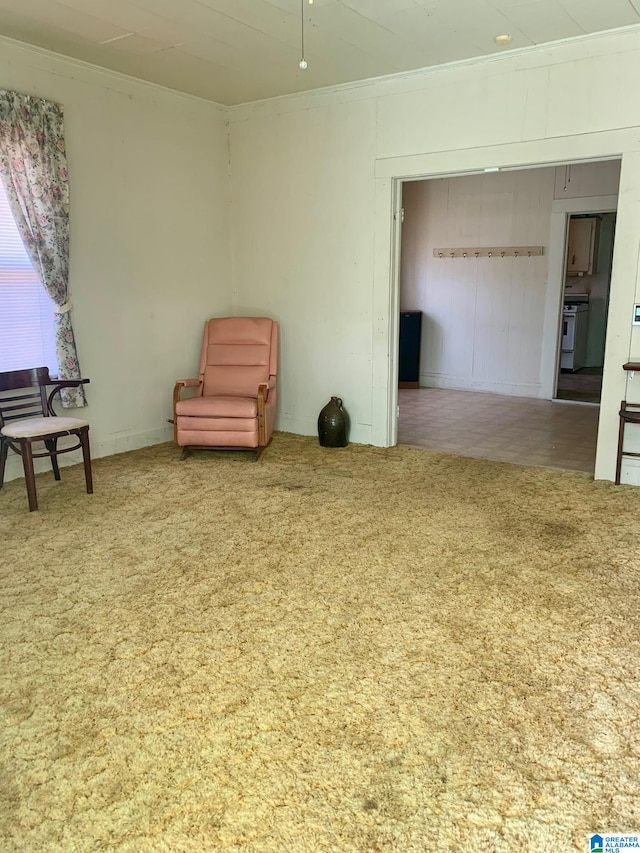 sitting room featuring carpet and ornamental molding