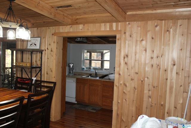 kitchen with dishwasher, dark wood-type flooring, wooden walls, hanging light fixtures, and wooden ceiling