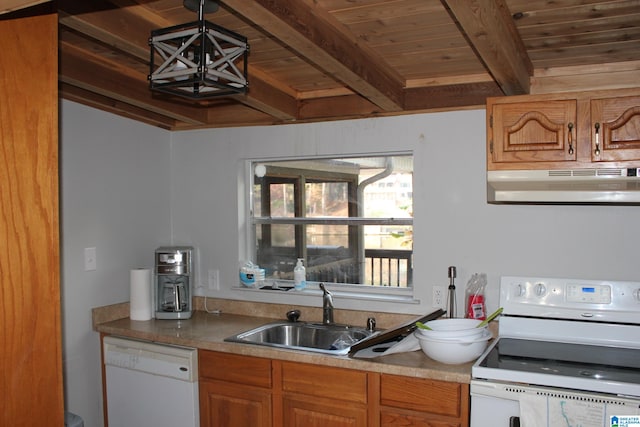 kitchen featuring extractor fan, beam ceiling, sink, decorative light fixtures, and white appliances