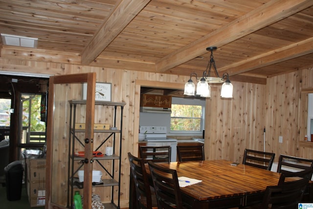 unfurnished dining area with a notable chandelier, beam ceiling, wooden walls, and wooden ceiling