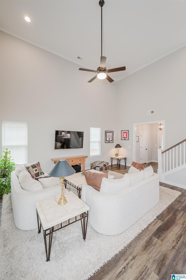 living room with a high ceiling, wood-type flooring, and ceiling fan