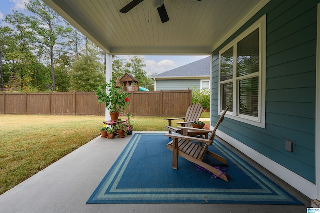 view of patio featuring ceiling fan