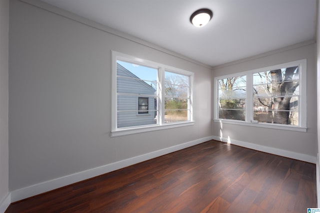 empty room featuring crown molding and dark hardwood / wood-style flooring