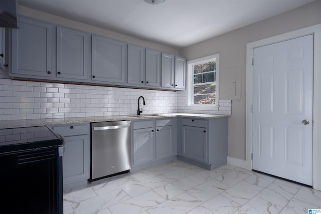 kitchen with sink, electric range, gray cabinets, stainless steel dishwasher, and tasteful backsplash