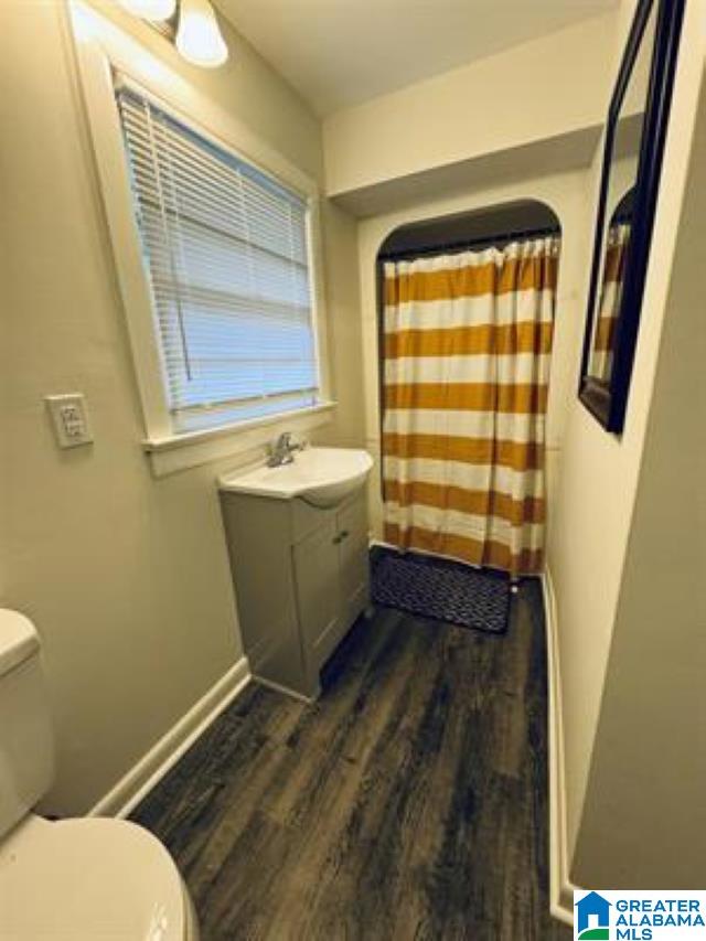 bathroom featuring vanity, toilet, and hardwood / wood-style flooring