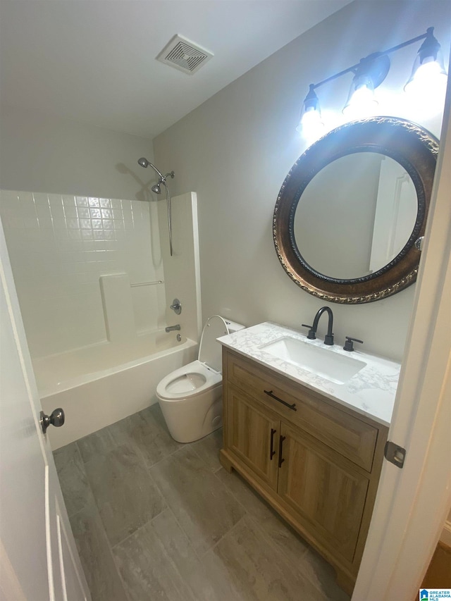 full bathroom with toilet, vanity, and shower / bath combination