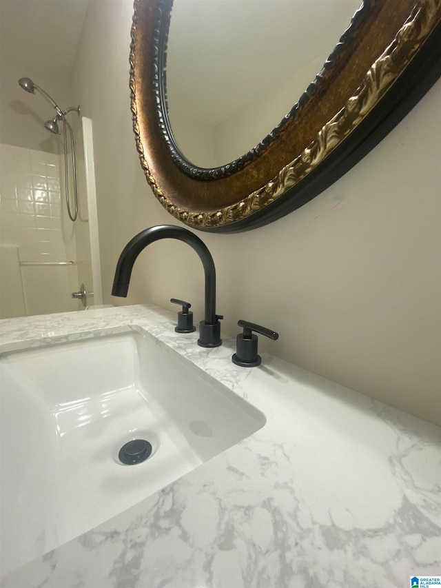 interior details featuring vanity and walk in shower