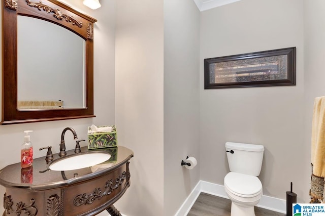 bathroom with toilet, hardwood / wood-style floors, and vanity