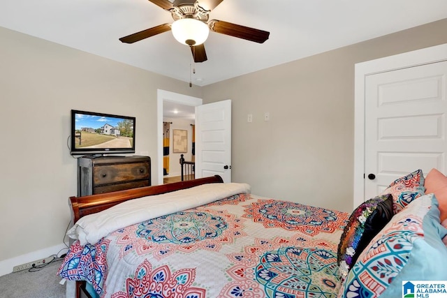 bedroom featuring carpet flooring and ceiling fan