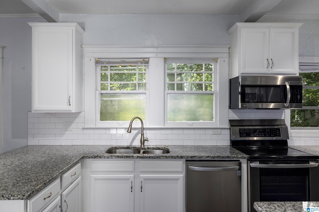 kitchen with a sink, tasteful backsplash, white cabinetry, and stainless steel appliances