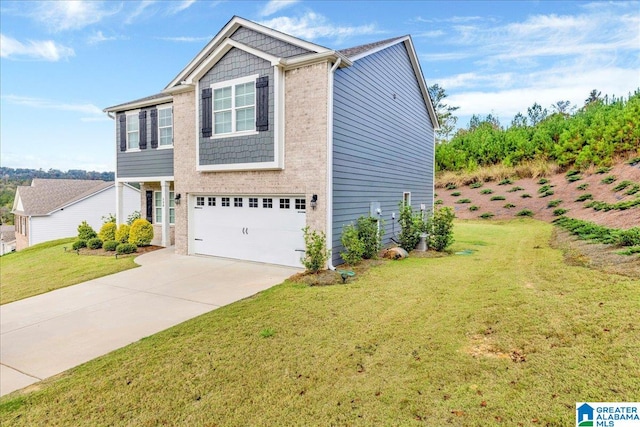 view of front of house with a garage and a front lawn