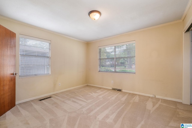 carpeted spare room featuring crown molding