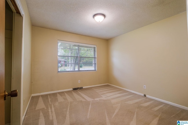 empty room featuring a textured ceiling and light colored carpet