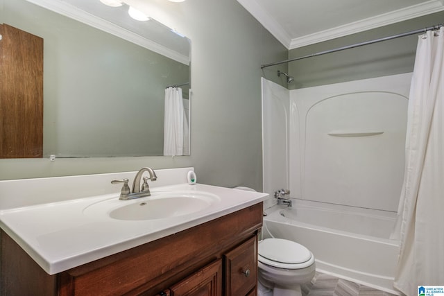 full bathroom featuring vanity, crown molding, shower / bath combo with shower curtain, and toilet