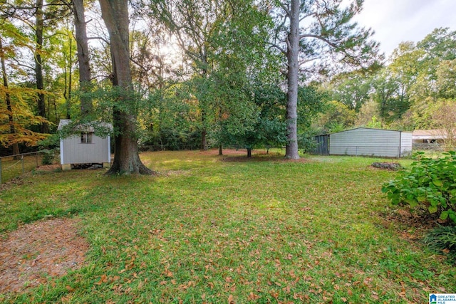 view of yard with a storage unit