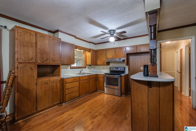 kitchen with light hardwood / wood-style floors, stainless steel electric stove, a textured ceiling, and crown molding