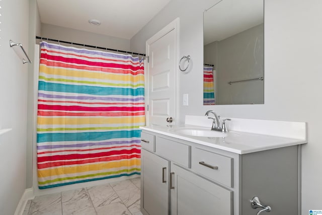 569 Avondale Ln, Pell City, AL 35128 - bathroom featuring marble look tile flooring, vanity, and curtained shower