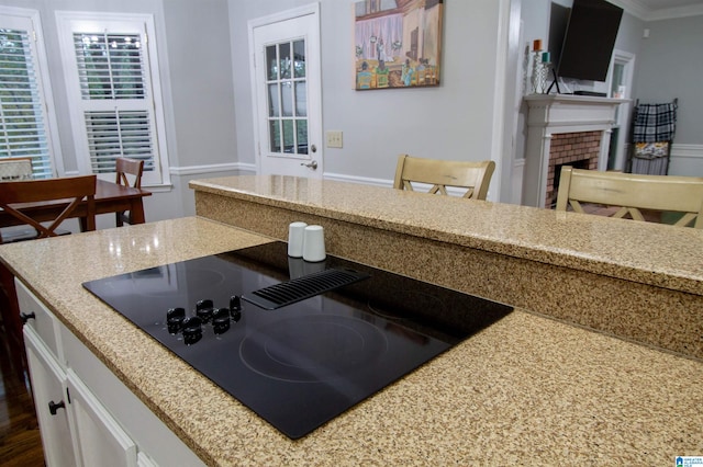 kitchen featuring dark hardwood / wood-style floors, a fireplace, ornamental molding, and black electric stovetop