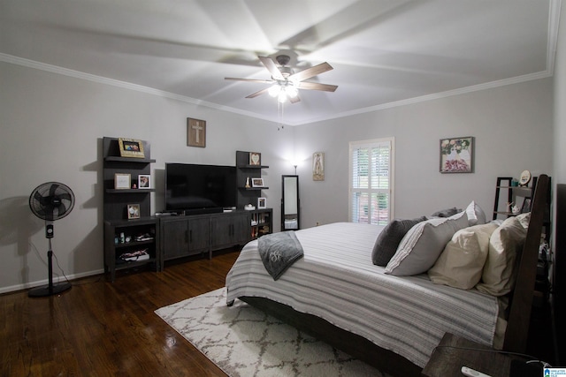 bedroom with ornamental molding, dark wood-type flooring, and ceiling fan