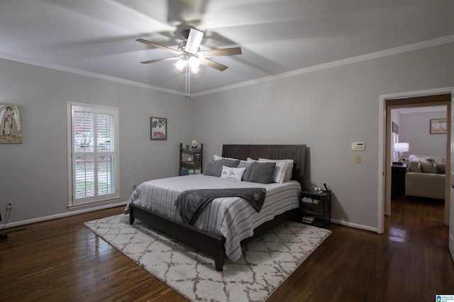 bedroom featuring ceiling fan, dark hardwood / wood-style flooring, and ornamental molding