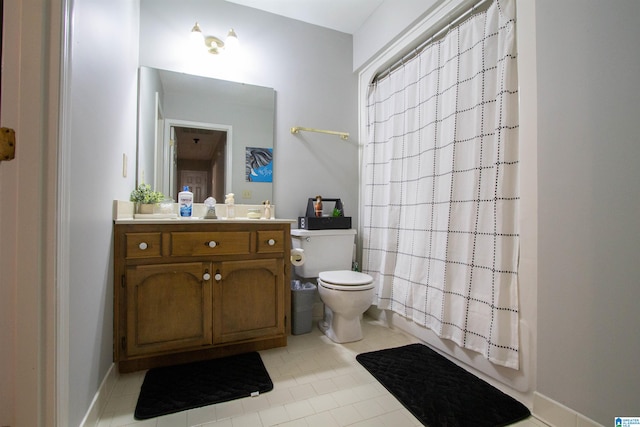 full bathroom with toilet, vanity, shower / bath combo, and tile patterned floors