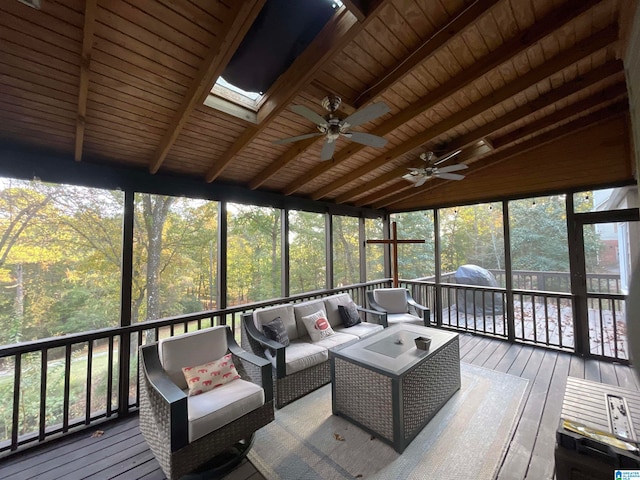 sunroom featuring wooden ceiling, ceiling fan, a healthy amount of sunlight, and lofted ceiling with skylight