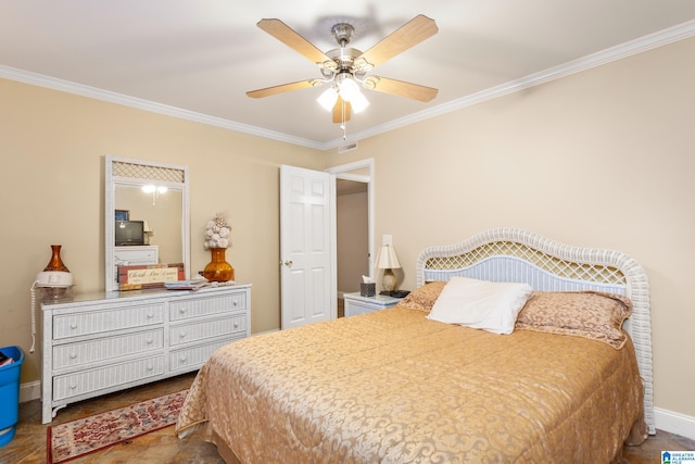 bedroom featuring ceiling fan and ornamental molding