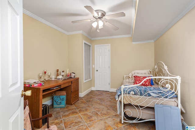 bedroom featuring ceiling fan, crown molding, and a closet