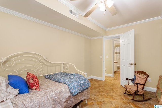 bedroom featuring ceiling fan and crown molding